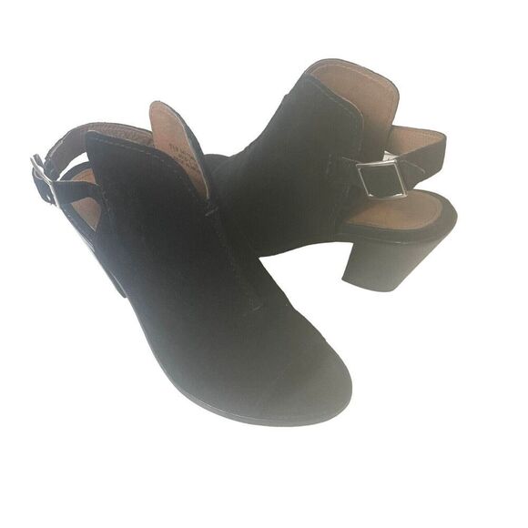 Frye Black Suede Ankle Bootie High Heels Wrap Women's Size 8.5 B Peep Toe Buckle - Picture 1 of 11
